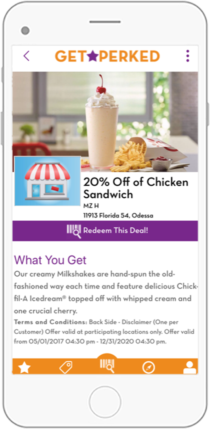 Example of a coupon with redeem button.