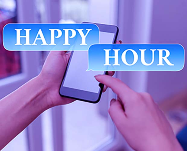 Smartphone with Happy Hour text bubbles.