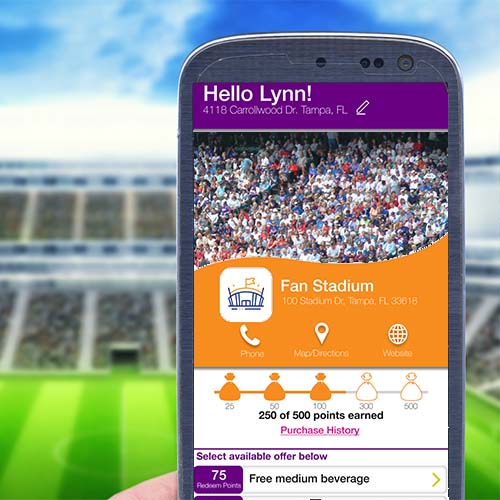 Mobile phone displaying loyalty points from a sports stadium.